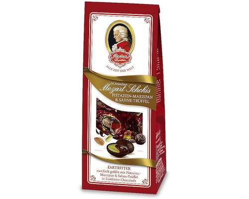 Reber Mozart Choco Pistacchio-Marzipan & Cream-Truffle 100g - pralinés coated with dark chocolate - Natural German