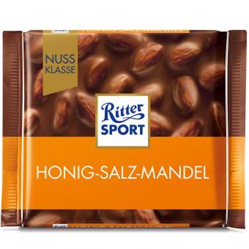 Ritter Sport Chocolate Honey-Salt-Almond 100g - Whole milk chocolate with whole roasted and salted almonds - Natural German