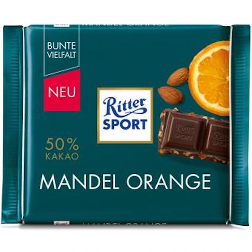 Ritter Sport Chocolate 50% Orange & Almond 100g - dark chocolate with pieces of almond and orange - Natural German