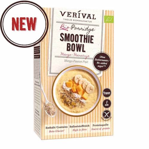 Verival Porridge Mango-Passionfruit Smoothie Bowl - vegan, glutenfree and organic porridge smoothie bowl of whole grain from Tyrolia - Natural German