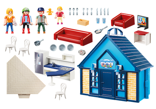 PLAYMOBIL-FunPark Summerhouse Playbox - Equipped with kitchen and living room. The sofa can be converted into a sofa bed, and the armchair can also be pulled out. - Natural German