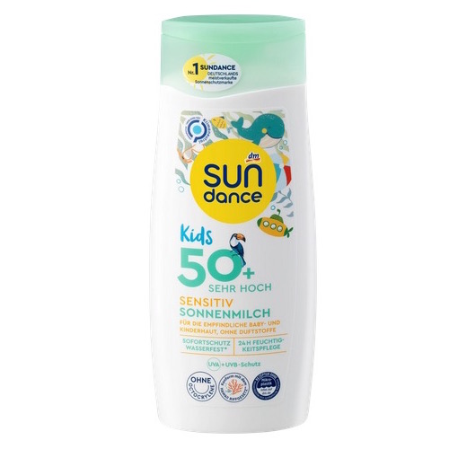 dm SUNdance Sun Milk Kids Sensitive SPF 50+ 200ml - UVA+UVB protection - Natural German