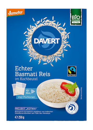 "Davert" Real Basmati Rice in Cooking Bag 250g - Fairtrade Basmati Rice 100% organic - Natural German